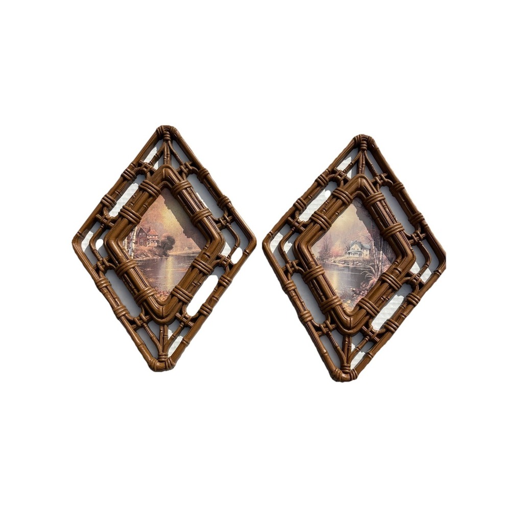 Pair Of Vintage Mid Century HOMCO Cottage On Lake Diamond Faux Wicker Wall Decor